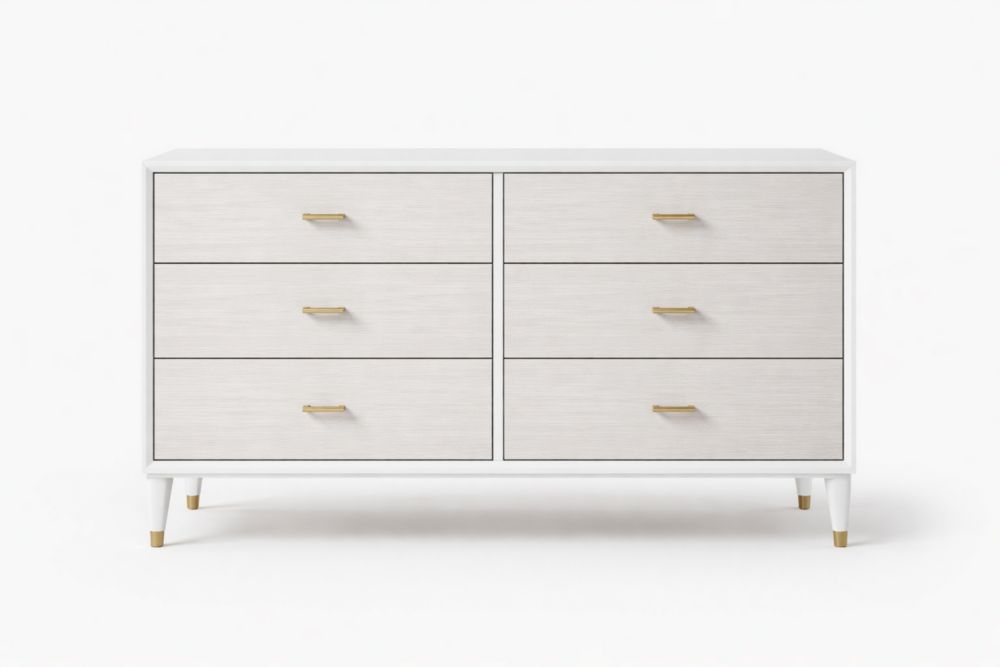 White Engineered Wood Storage Cabinet with 6 Drawers, Steel Handles, 150cm x 50cm x 85cm-Interzenta