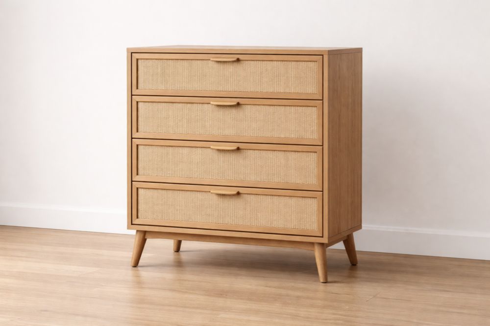 Wood Dresser with Rattan Drawers 4-Drawer Natural Finish-Interzenta