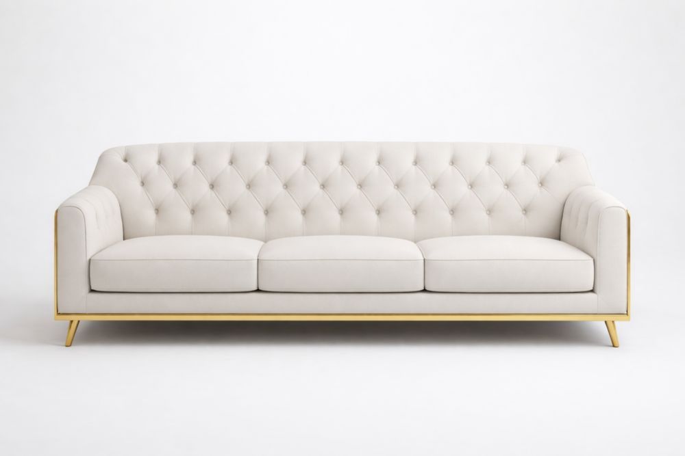 Fabric Upholstered Three-Seater Sofa with Tufted Back and Gold Steel Accents-Interzenta
