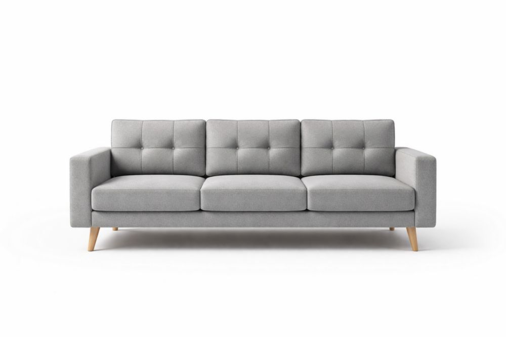 Gray Fabric Upholstered 3-Seater Sofa with Wood Legs-Interzenta