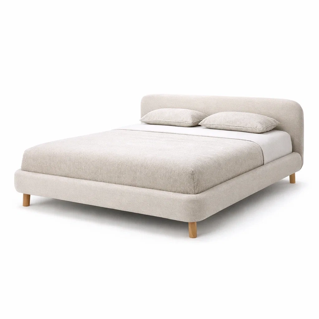 Cream Fabric Upholstered Bed Frame with Wooden Legs-furnyra