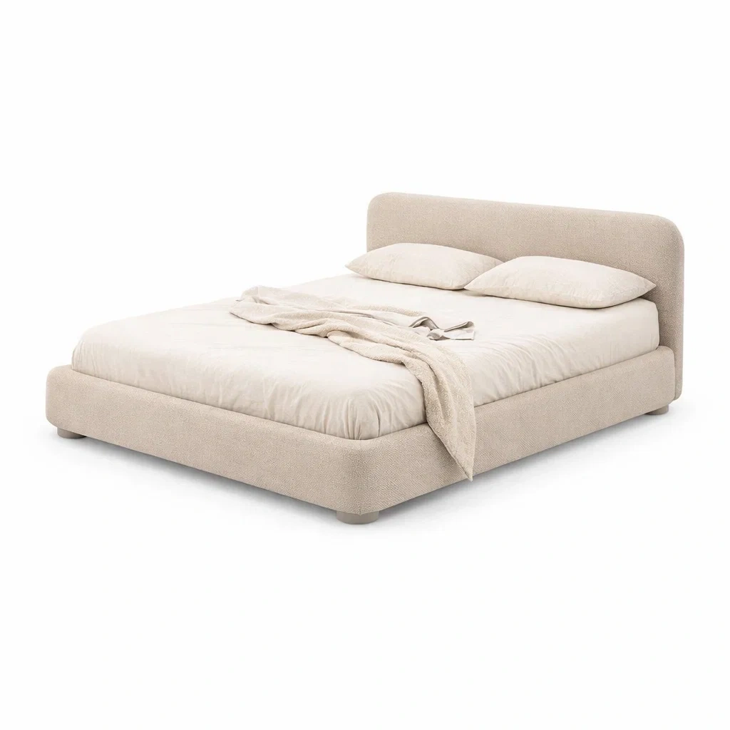 Beige Fabric Upholstered Bed Frame with Padded Headboard-furnyra