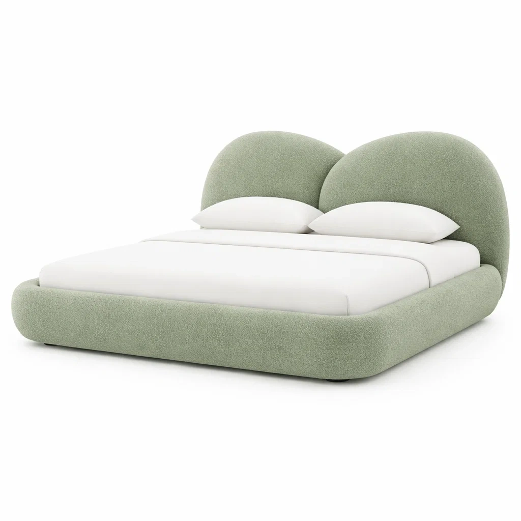 Green Fabric Upholstered Bed Frame with Rounded Double Headboard-furnyra