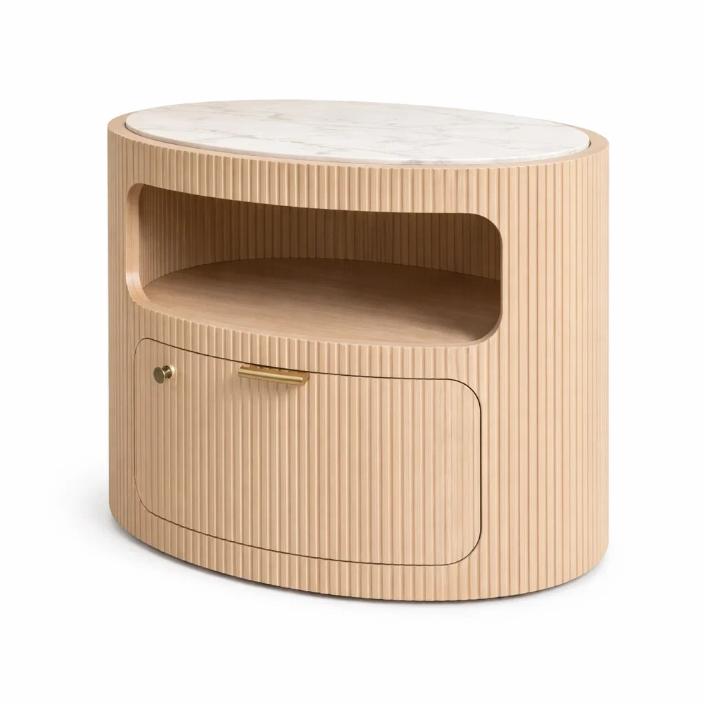 Round Light Wood Bedside Table with Marble Top and Storage Door-furnyra