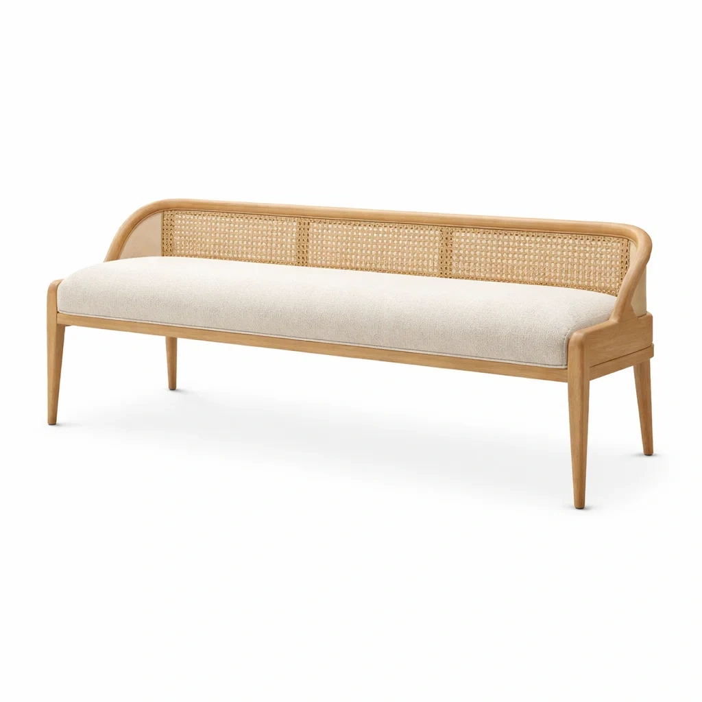 Wooden Bench with Rattan Backrest and Upholstered Seat-furnyra