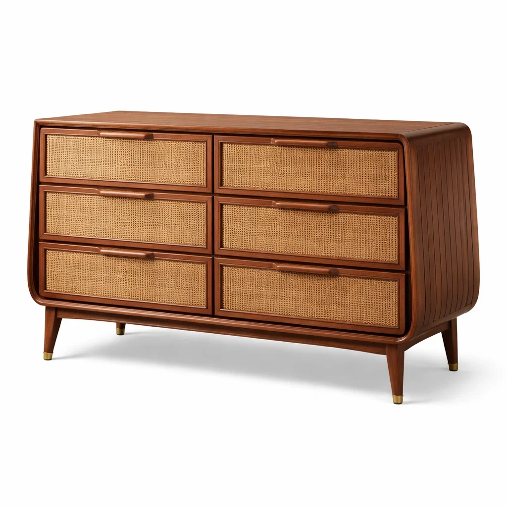 Wood Chest of Drawers with Rattan Panels-furnyra