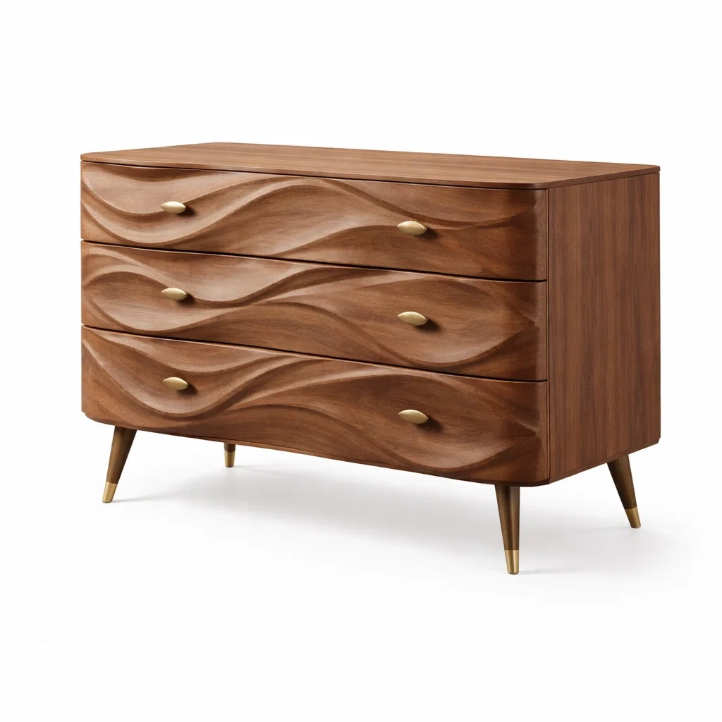 Wood Chest of Drawers with Wave Carved Front Panels-furnyra