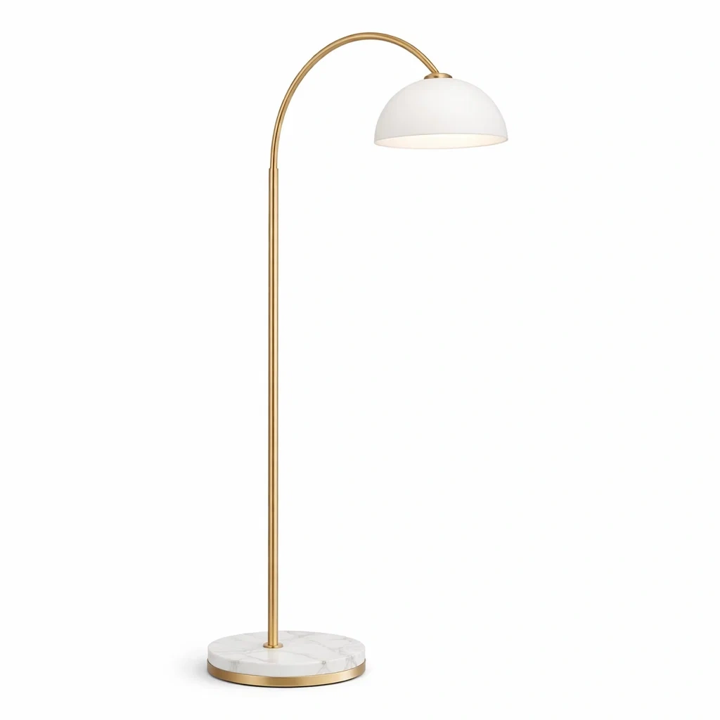Gold Arc Floor Lamp with Marble Base and Dome Shade-furnyra