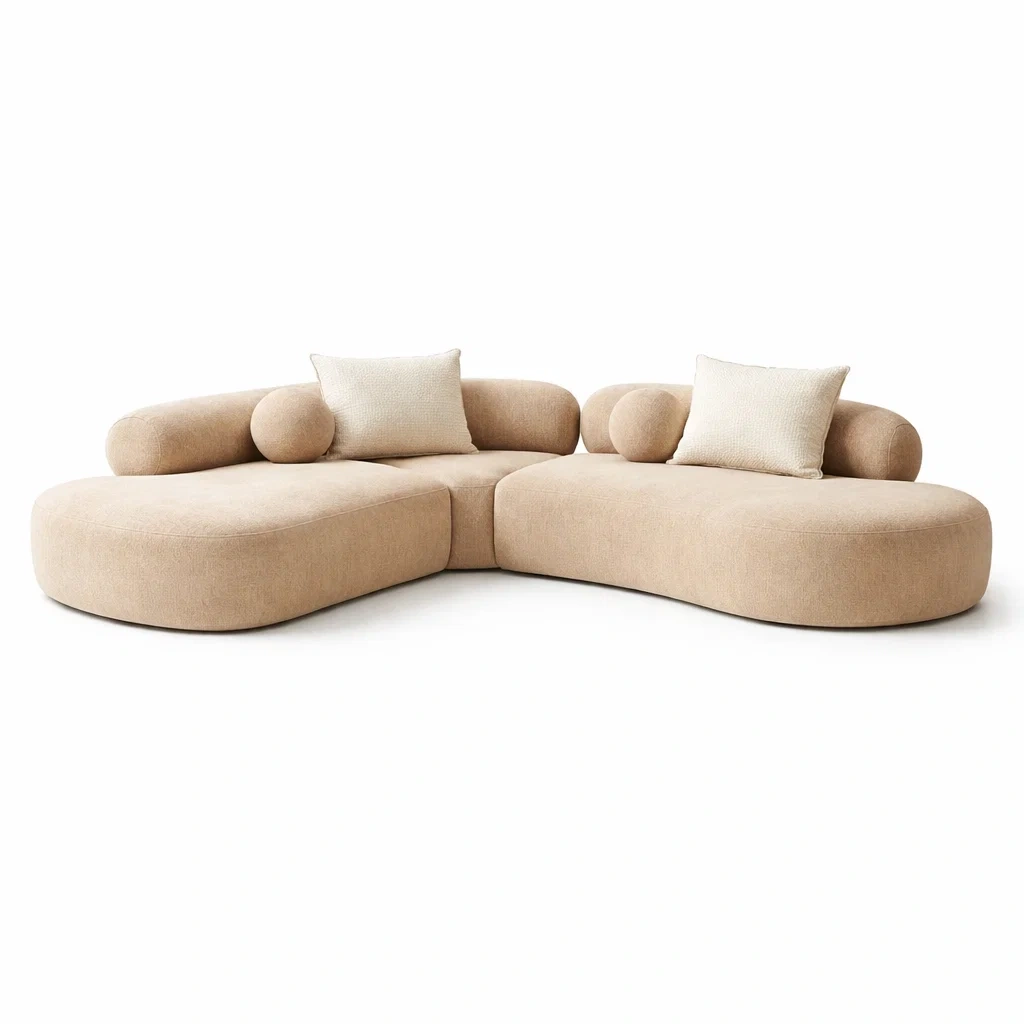 Light Brown Fabric Corner Sofa with Rounded Cushions-furnyra