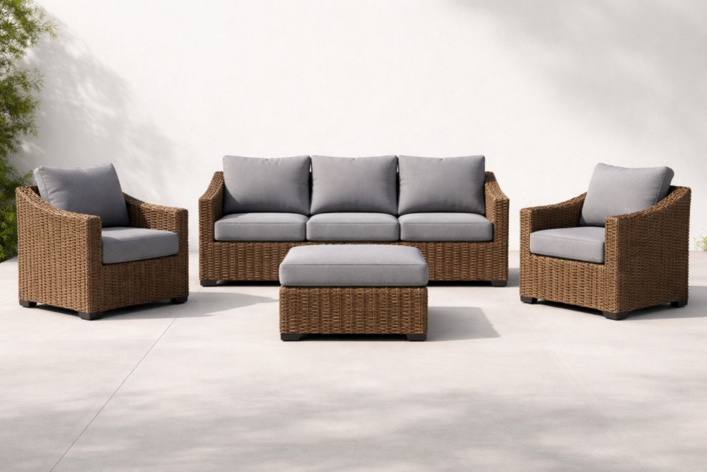 Wicker Patio Furniture Set with Cushions - 3 Seater Sofa, 2 Armchairs, Ottoman - Brown/Grey-Cosyharmoni