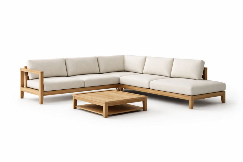 Outdoor Sectional Sofa Set Solid Teak Wood with Beige Cushions-Cosyharmoni