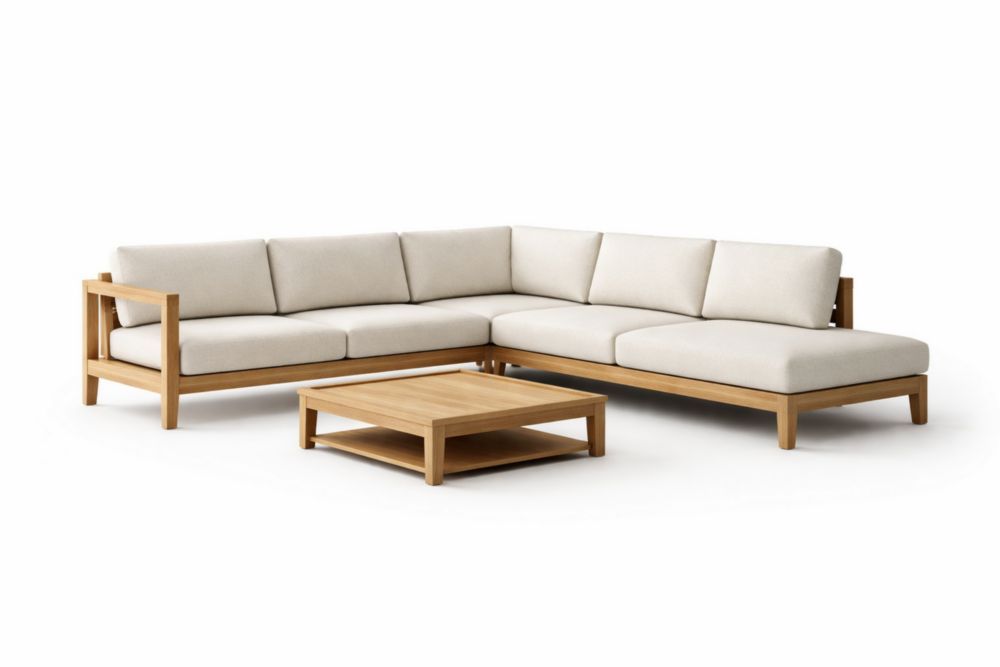 Outdoor Sectional Sofa Set Solid Teak Wood with Beige Cushions-Cosyharmoni