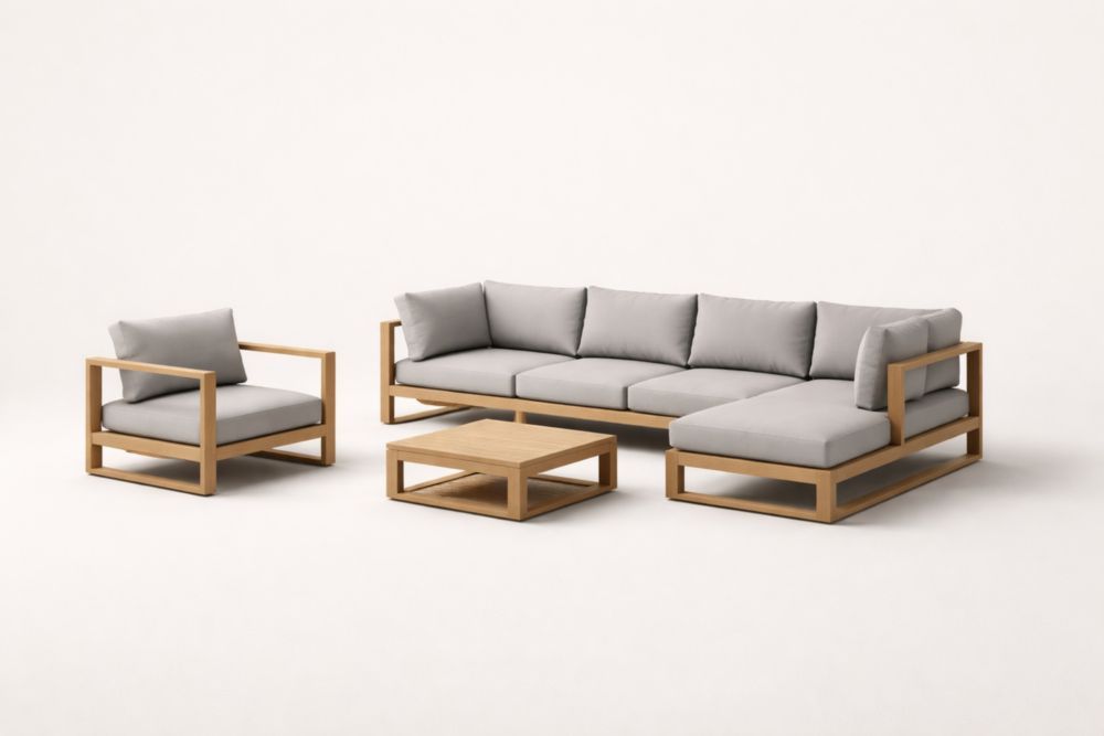Acacia Wood Outdoor Sectional Sofa Set with Armchair and Coffee Table in Grey-Cosyharmoni