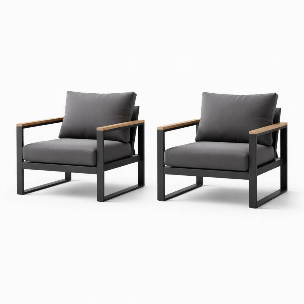 Set of two outdoor armchairs with an aluminum frame, teak armrests, and dark gray cushions-Cosyharmoni