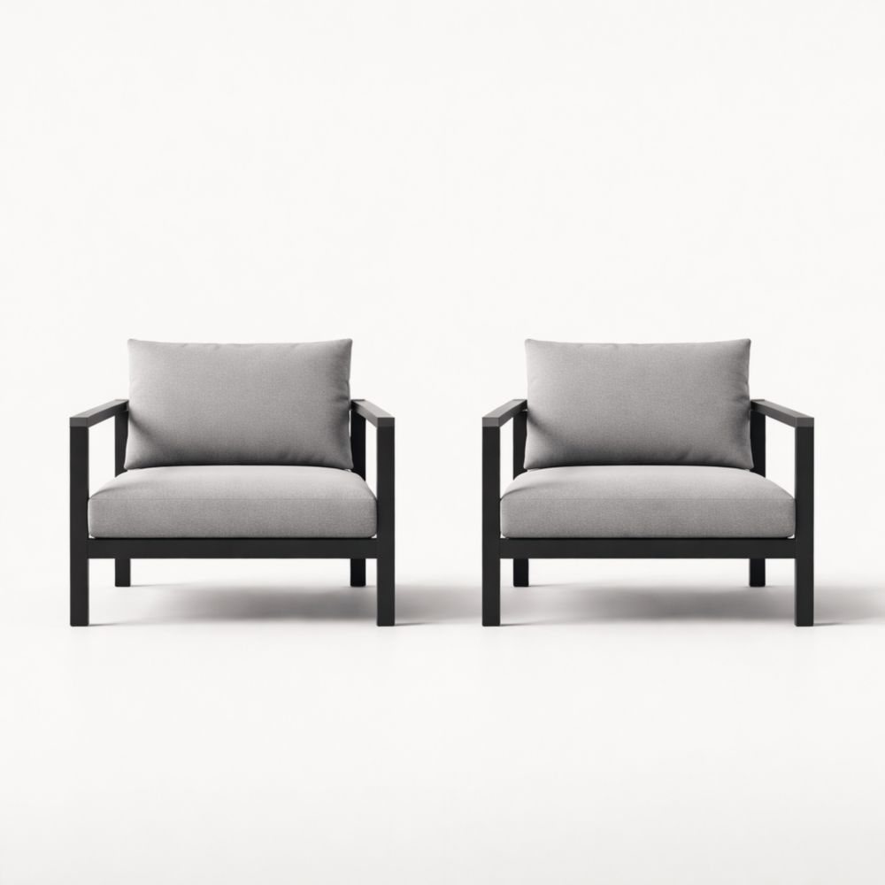 Set of 2 Outdoor Armchairs with Black Frame and Gray Cushions-Cosyharmoni
