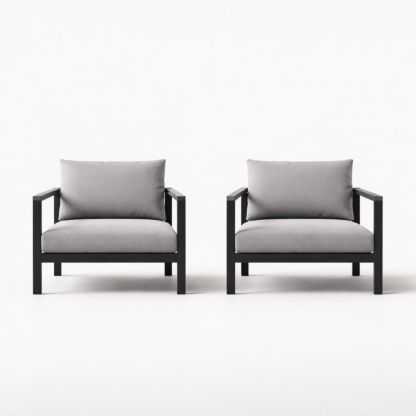 Set of 2 Outdoor Armchairs with Black Frame and Gray Cushions-Cosyharmoni