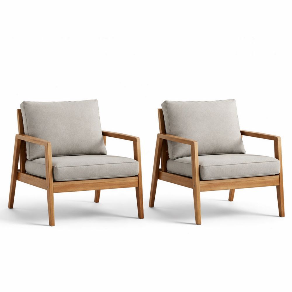 2-piece teak frame armchair set with gray cushions-Cosyharmoni