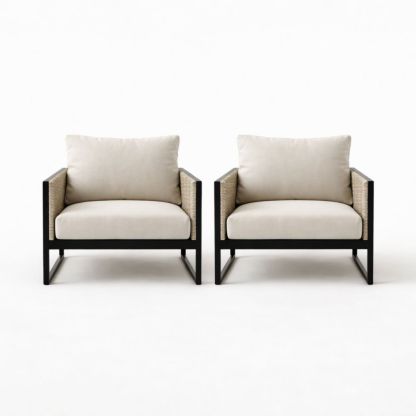 Outdoor Armchair Set of 2 with Beige Cushions and Woven Rattan on Black Metal Frame-Cosyharmoni