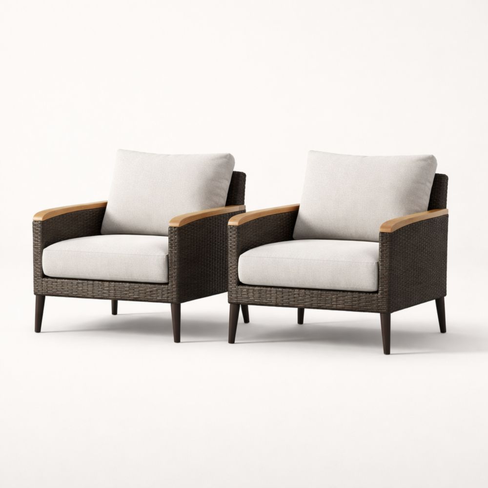 Wicker Frame Outdoor Armchair Set with Wood Accents and Beige Cushions, 2-Piece-Cosyharmoni
