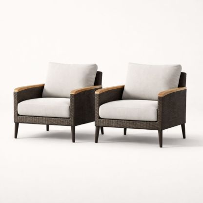 Wicker Frame Outdoor Armchair Set with Wood Accents and Beige Cushions, 2-Piece-Cosyharmoni