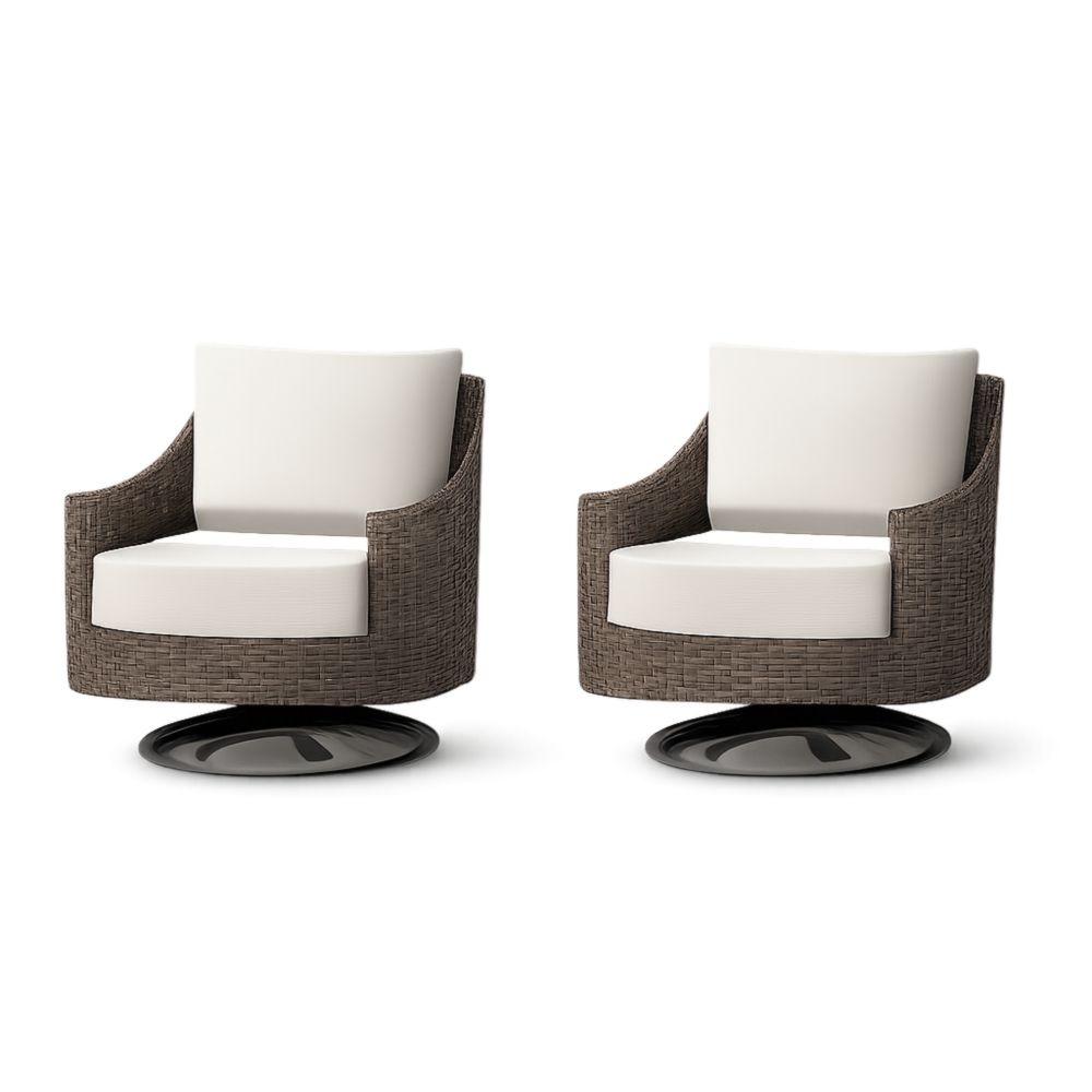 2-piece brown rattan swivel armchair set with beige cushions-Cosyharmoni