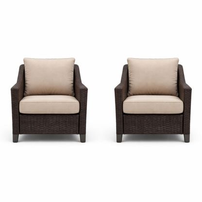 Outdoor Patio Chair Set of 2 Wicker Brown with Beige Cushions-Cosyharmoni