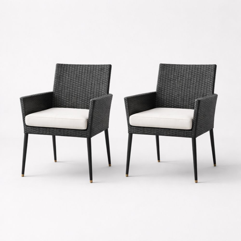 Two-Piece Patio Armchair Set with Black Wicker and White Cushions-Cosyharmoni