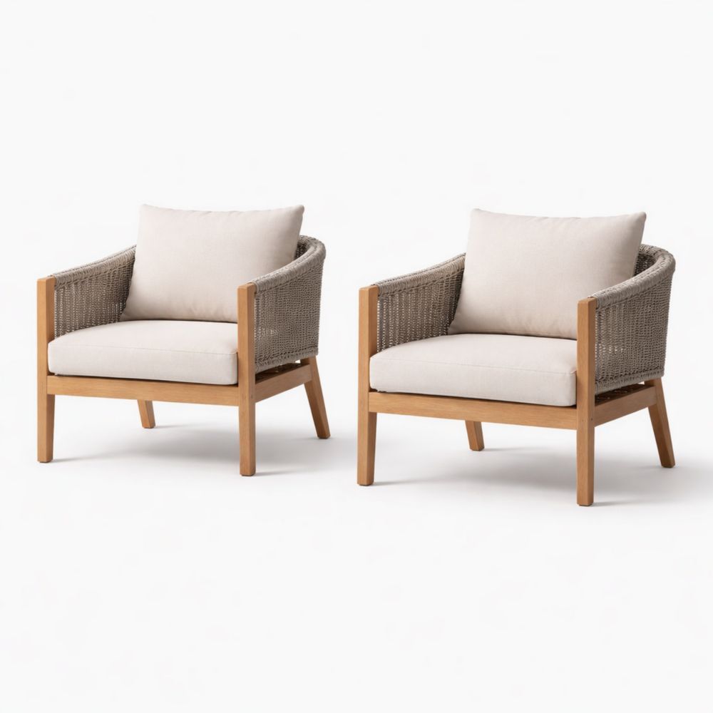 Teak Frame Outdoor Armchair Set with Cushions - Beige and Gray-Cosyharmoni