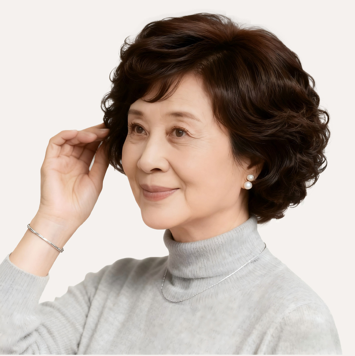 假发女短发真发全真人发妈妈款全头套中老年短卷发自然轻薄假发套