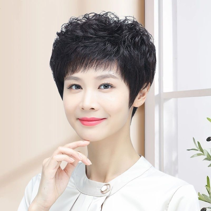假发女短发中老年短卷发自然蓬松遮盖白发妈妈全头套现货批发