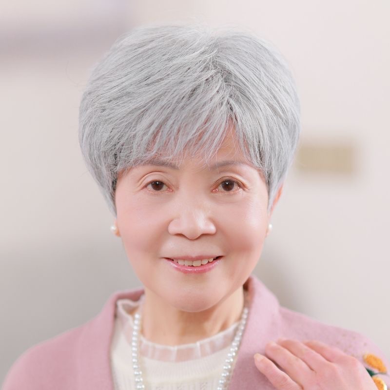 奶奶花白假发蓬松短发表演白发假发套老人整顶花白真发全头套透气