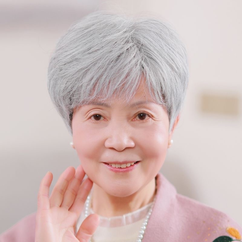 奶奶花白假发蓬松短发表演白发假发套老人整顶花白真发全头套透气