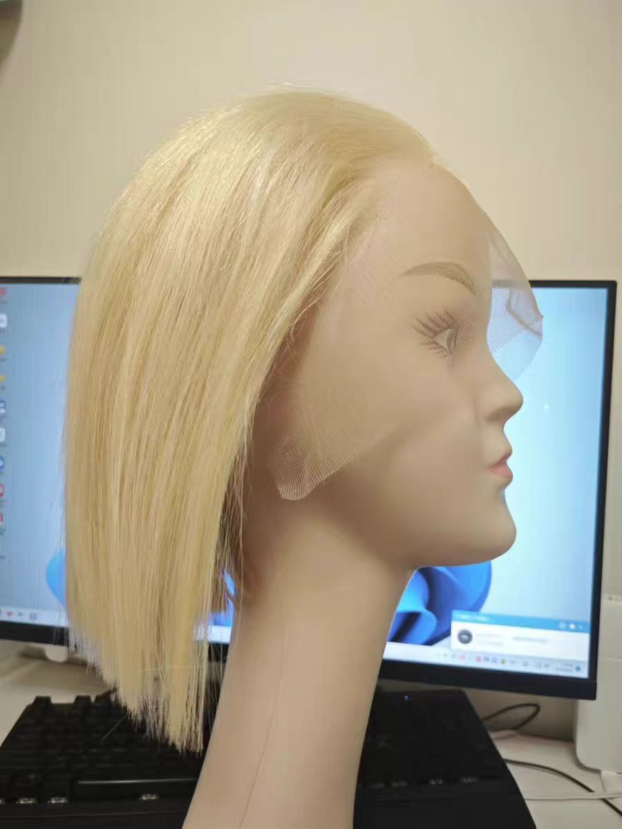 613浅白金色前蕾丝真人假发短发波波头整顶全头套可烫染随意分缝