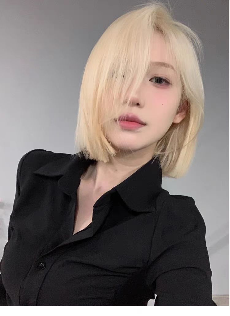 613浅白金色前蕾丝真人假发短发波波头整顶全头套可烫染随意分缝