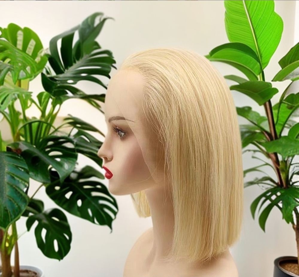 613浅白金色前蕾丝真人假发短发波波头整顶全头套可烫染随意分缝