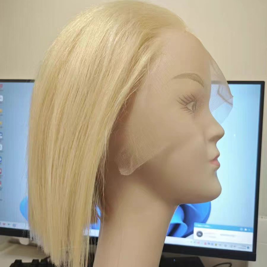 613浅白金色前蕾丝真人假发短发波波头整顶全头套可烫染随意分缝