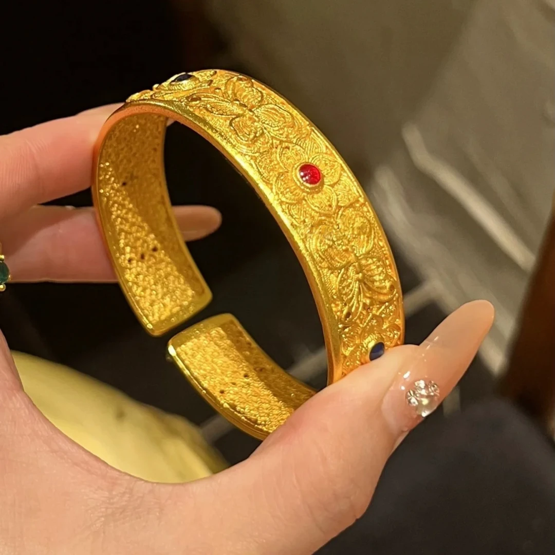 銅合金手鐲 新中式寬面花絲蝶戀花手鐲鏤空滴油蝴蝶花卉鐲子宮廷
