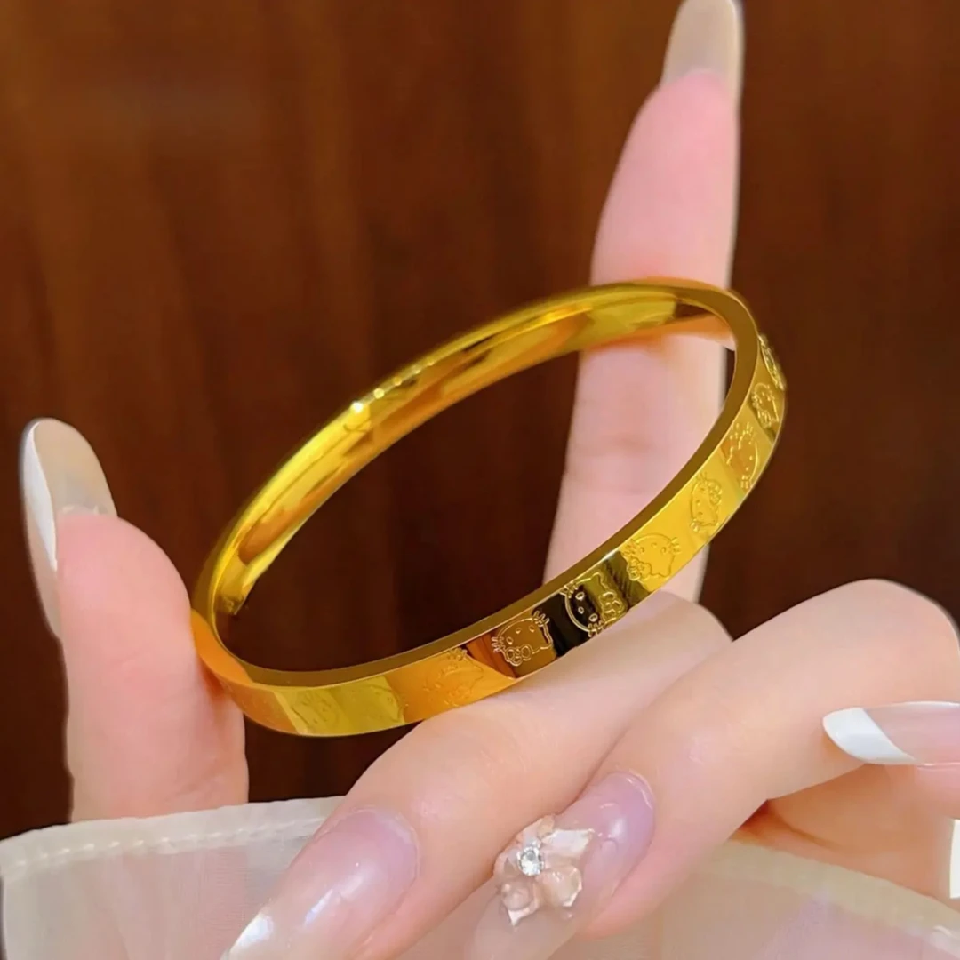 銅合金手鐲 新款亮面滿圈kt貓手鐲甜美凱蒂貓時尚百搭金色手環女