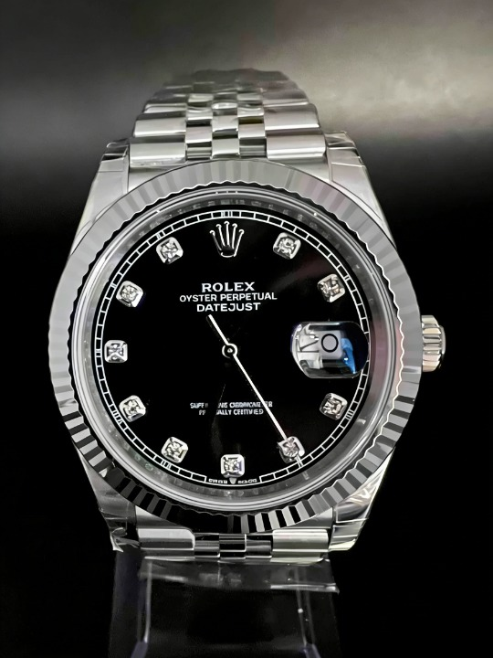 CLEANクリーン工場 ROLEXロレックスデイトジ ャスト126334 41mmダイヤモンド入りブラック文 字盤 フルーテッドベゼル ジュビリープレスレット 1:1精度