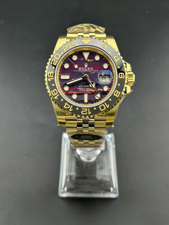 CLEANクリーン工場 ROLEXロレックスGMTマス ター ll イエローゴールド40mm 126718GRNR プ ラック/グレーベゼル タイガーアイアン文字盤 1:1精 度