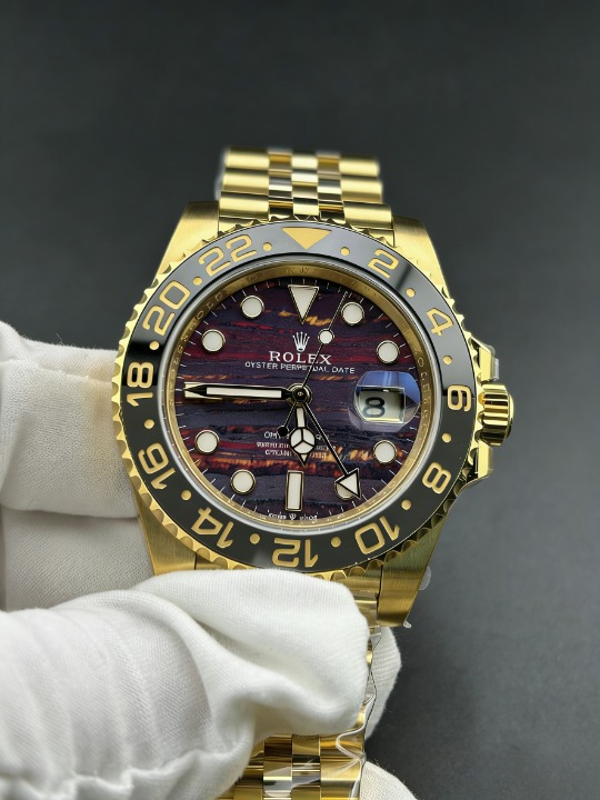 CLEANクリーン工場 ROLEXロレックスGMTマス ター ll イエローゴールド40mm 126718GRNR プ ラック/グレーベゼル タイガーアイアン文字盤 1:1精 度