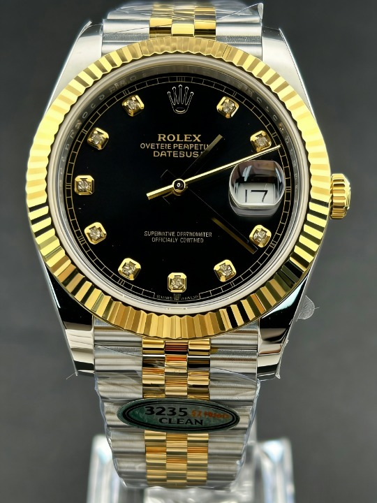 CLEANクリーン工場 ROLEXロレックスデイトジ ャスト コンビゴールド126333 41mmダイヤ目盛 り ブラック文字盤 フルーテッドベゼル ジュビリ ープレスレット 1:1精度