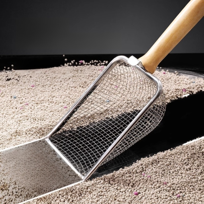  ที่ตักทรายแมวสแตนเลส รูละเอียด พร้อมที่แขวน