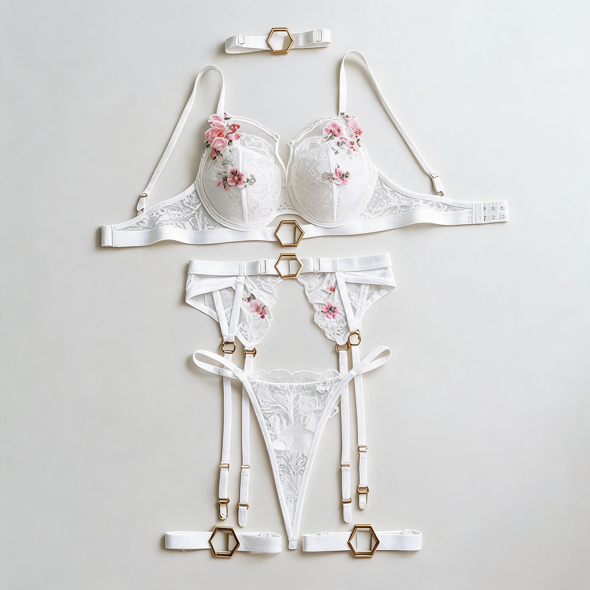 Mesh Metal Buckle 5-Piece Lingerie Set