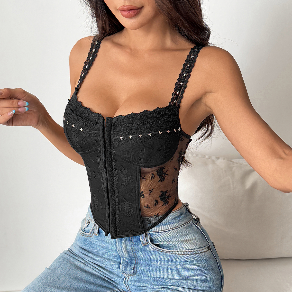Lace-Pattern Metal Decoration Strapless Crop Top
