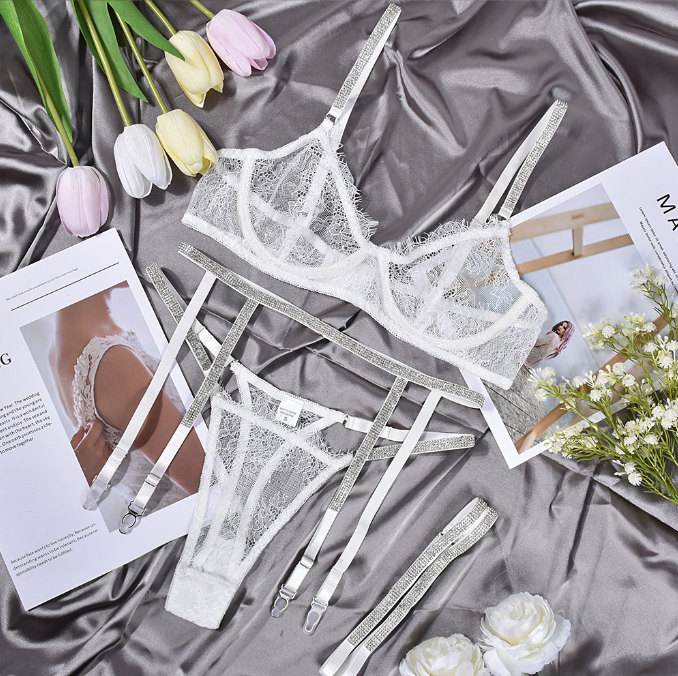 Lace Rhinestone Four-Piece Lingerie Set