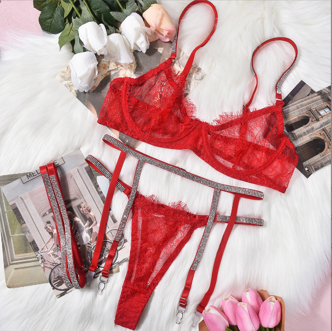 Lace Rhinestone Four-Piece Lingerie Set