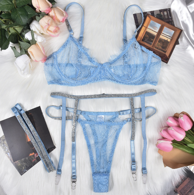 Lace Rhinestone Four-Piece Lingerie Set