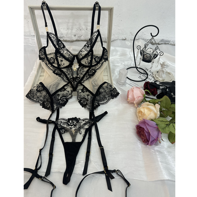 Sheer Lace Bra Panty and Garter Three-Piece Set