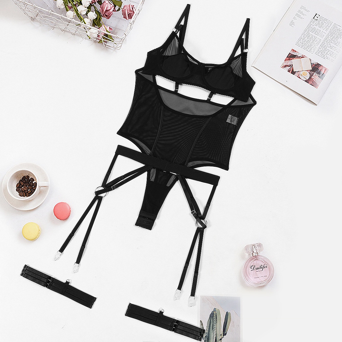 Black Sheer Mesh Sexy Lingerie Four-Piece Set